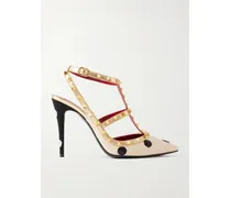 Rockstud 100 Embellished Studded Polka-dot Canvas Pumps - Neutrals