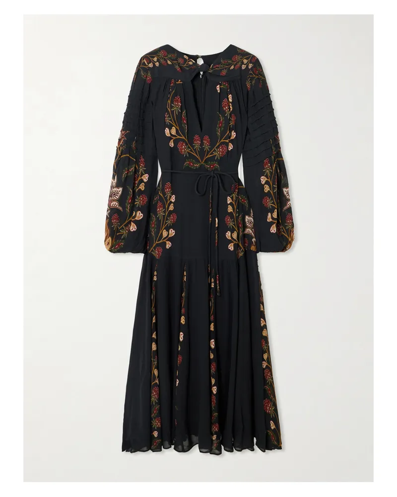 FARM Rio Berry Garden Midikleid Aus Crêpe De Chine Mit Blumenprint Und Bindegürtel - Schwarz Schwarz