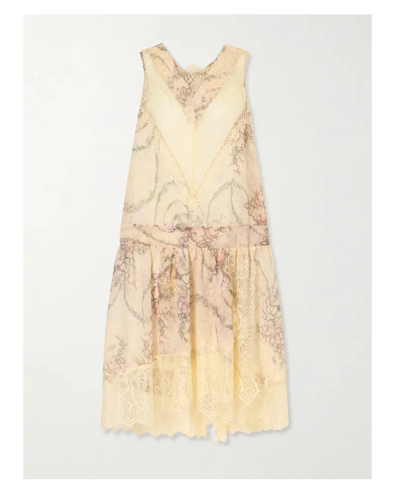 Anna Sui Floral-print Lace-trimmed Chiffon Midi Dress - Neutrals Neutrals