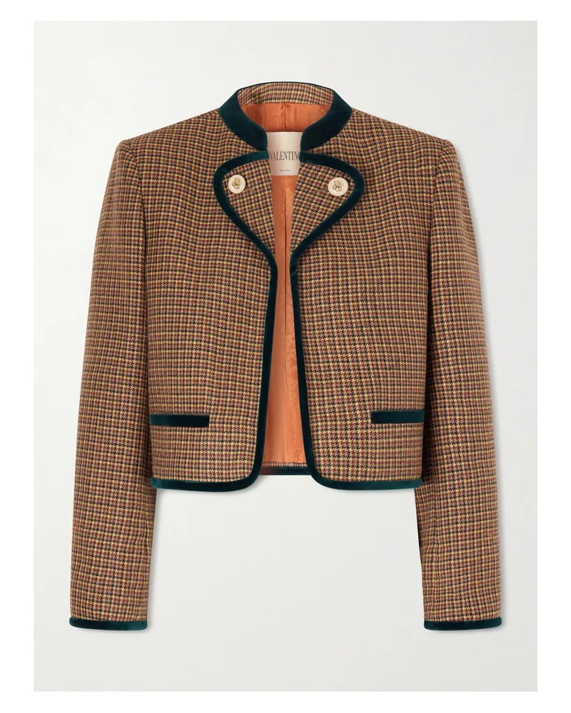 Valentino Garavani Cropped Velvet-trimmed Houndstooth Wool Jacket - Brown Brown