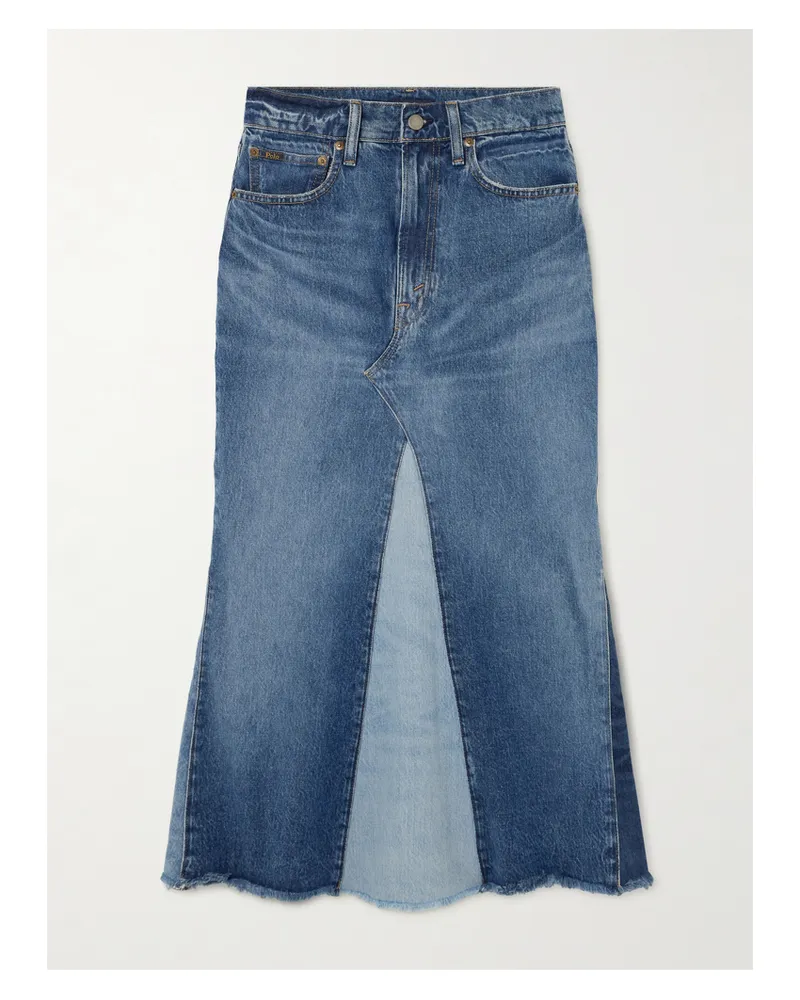 Ralph Lauren Midi-jeansrock In Patchwork-optik Mit Fransen - Blau Blau