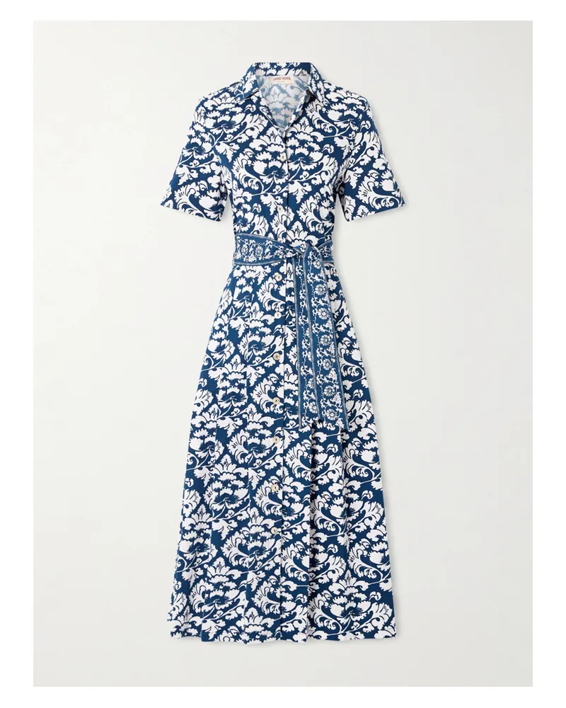 Emporio Sirenuse Claudia Belted Pleated Floral-print Cotton Midi Dress - Blue Blue