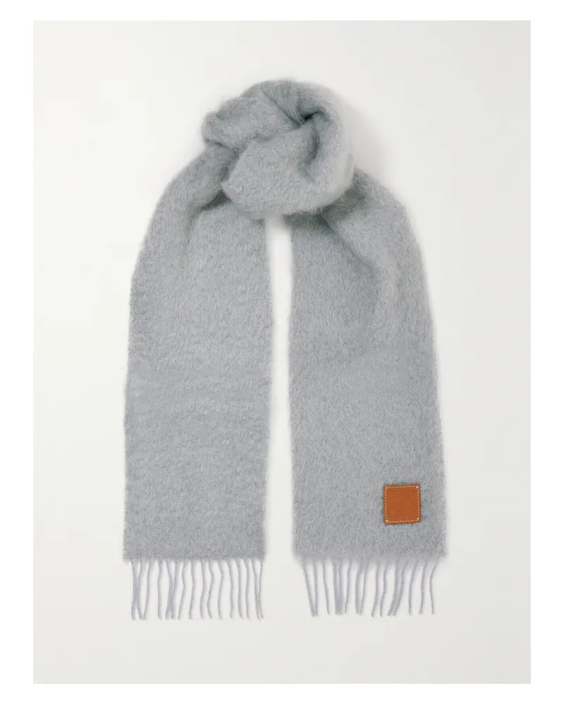 Loewe Leather-trimmed Fringed Mohair-blend Scarf - Gray Gray