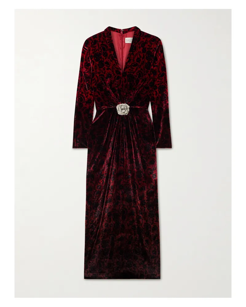 Saloni Mya Crystal-embellished Gathered Printed Velvet Midi Dress Red