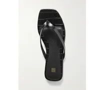 Croc-effect Leather Flip Flops - Black