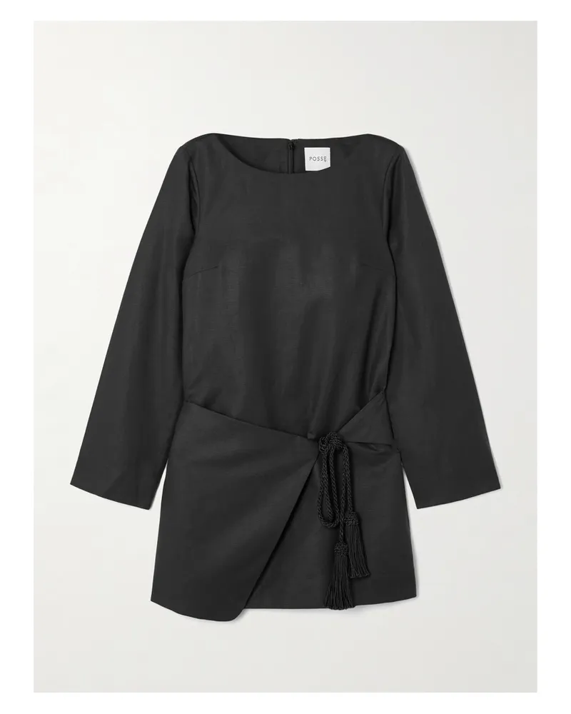 Posse Yvette Tie-detailed Draped Linen And Cotton-blend Mini Dress - Black Black