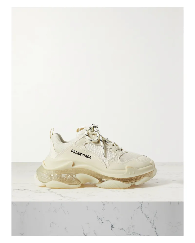 Balenciaga Triple S Clear Sole Logo-embroidered Faux Leather And Mesh Sneakers - Cream Cream