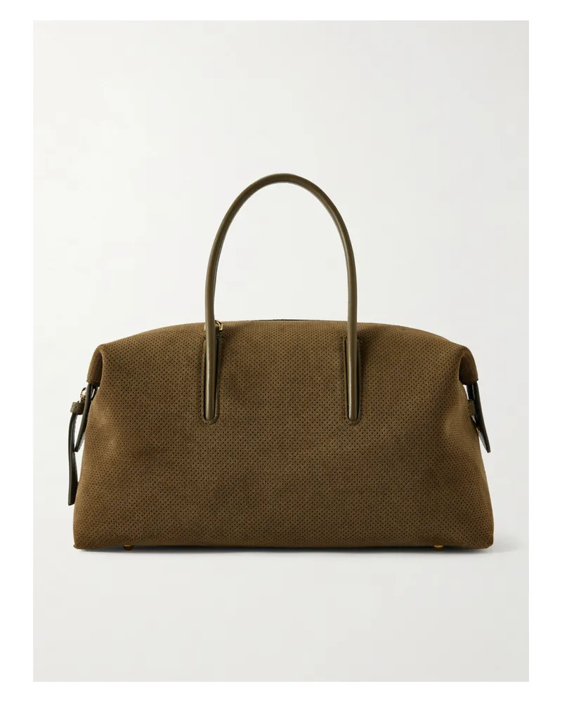 DeMELLIER Stockholm Midi Perforated Leather-trimmed Suede Tote - Green Green