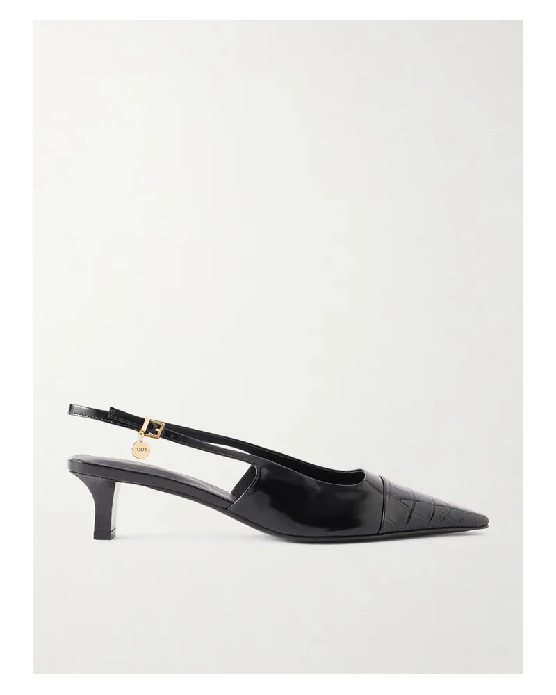 TOD'S Slingback-pumps Aus Leder Mit Krokodileffekt Und Verzierung - Schwarz Schwarz