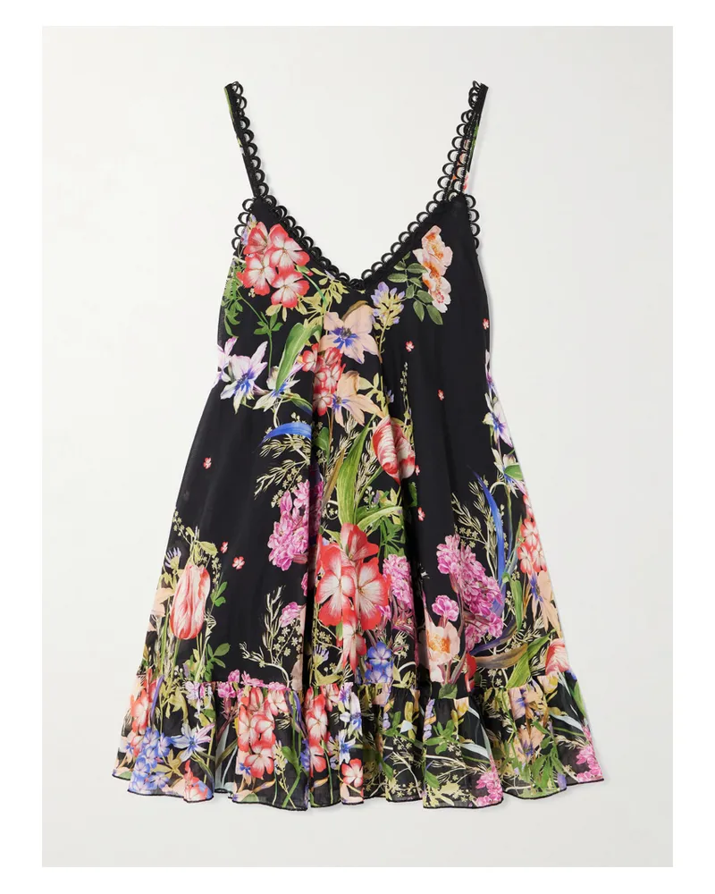 Charo Ruiz Lily Minikleid Aus Voile Aus Einer Baumwollmischung Mit Blumenprint Und Raffungen - Schwarz Schwarz