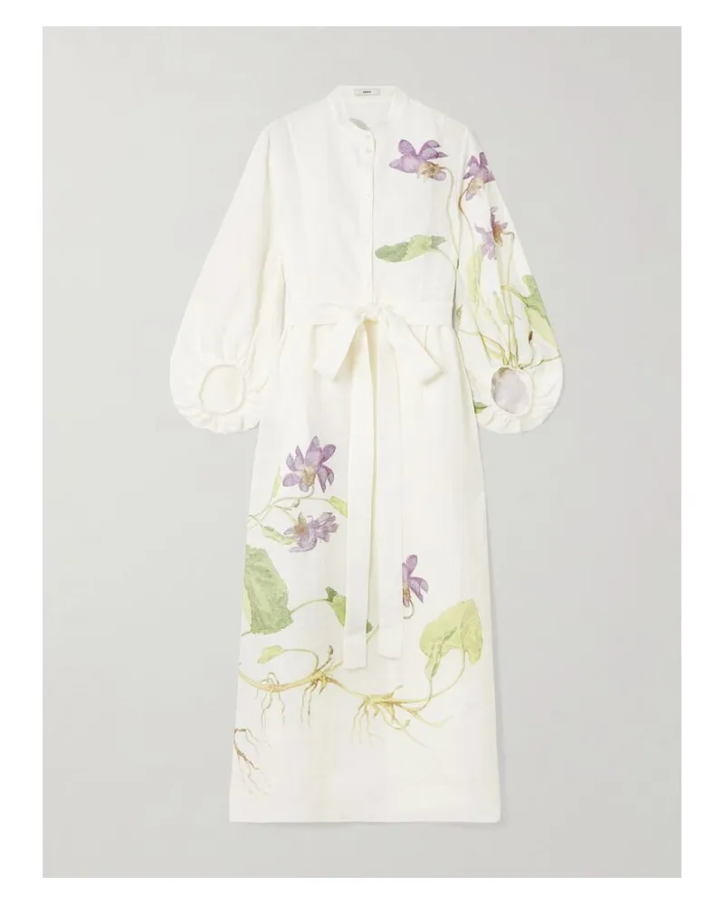 Erdem Midikleid Aus Leinen Mit Blumenprint Und Bindegürtel - Weiß Weiß