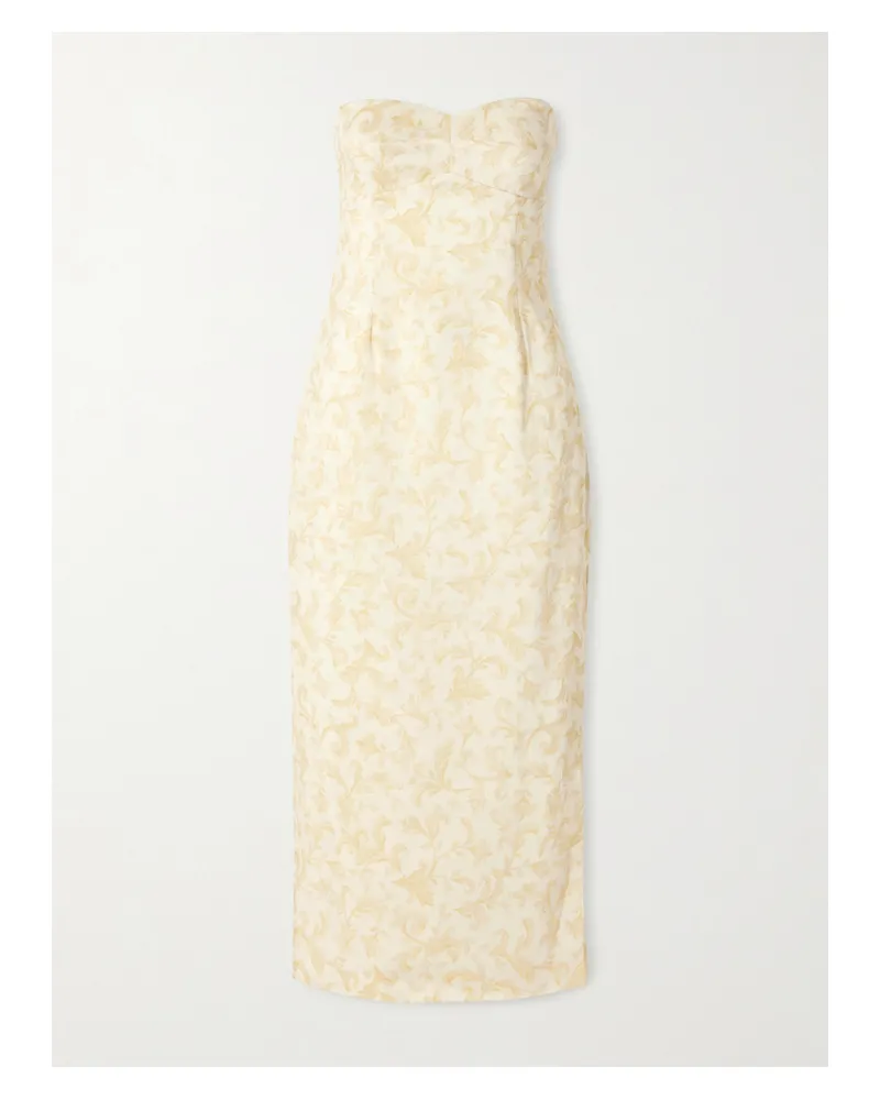 Posse Isla Strapless Floral-print Linen And Silk-blend Midi Dress - Yellow Yellow