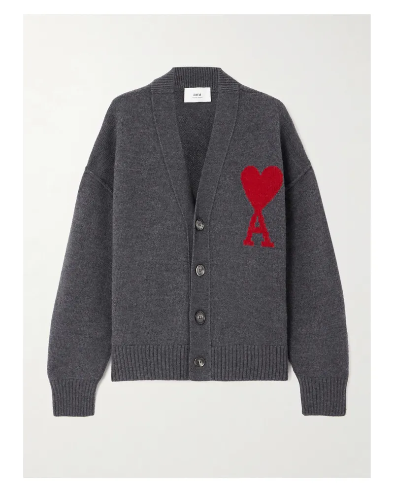 AMI Paris Net Sustain Adc Intarsia Wool Cardigan - Gray Gray