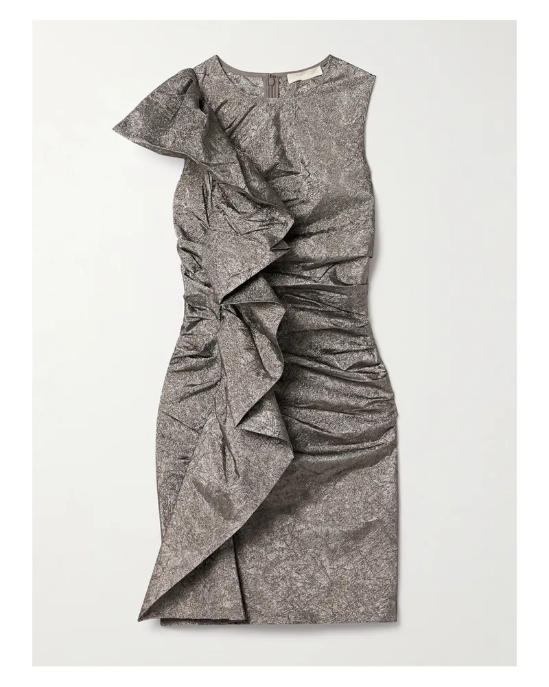 Ulla Johnson Estella Minikleid Aus Metallic-taft In Knitteroptik Mit Volant - Silber Silber