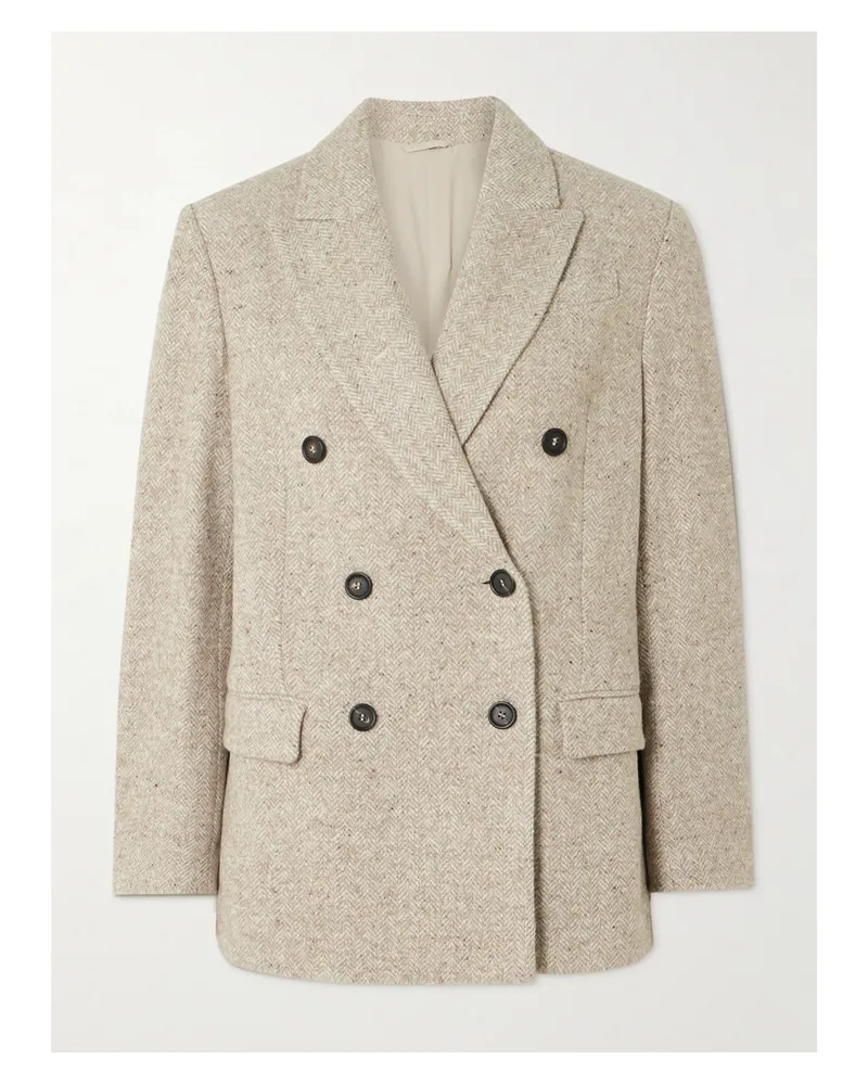 Brunello Cucinelli Doppelreihiger Blazer Aus Tweed Aus Einer Woll-seidenmischung - Neutral Neutral