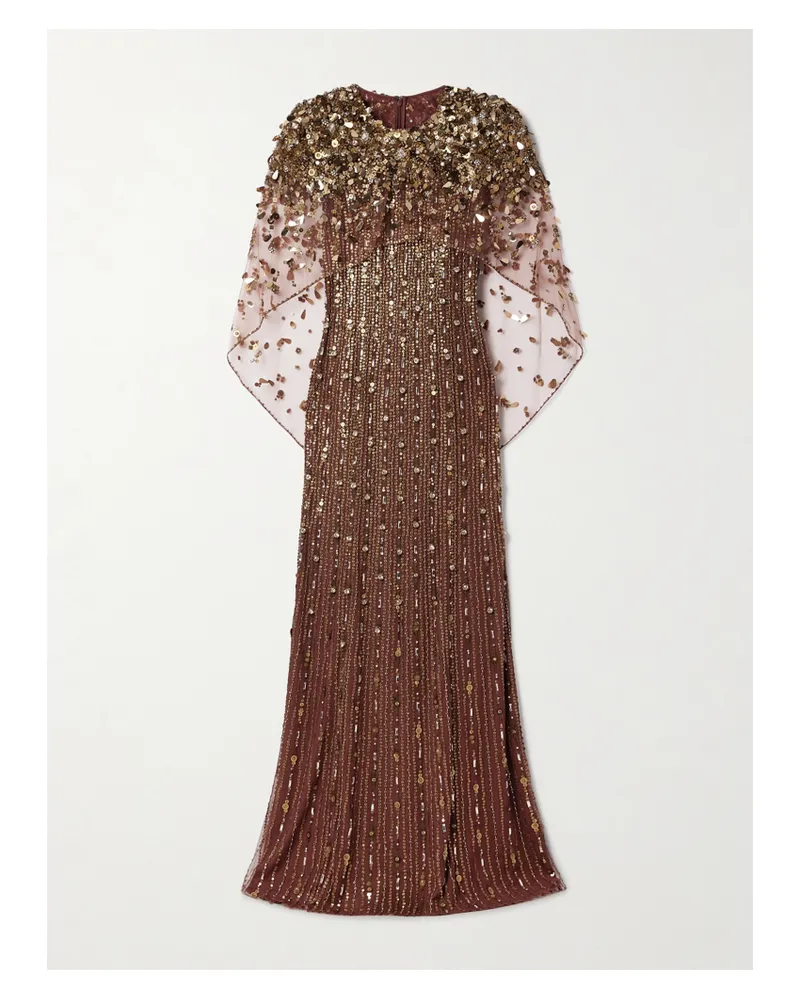 Jenny Packham Nettie Cape-effect Embellished Sequined Tulle Gown - Metallic Metallic