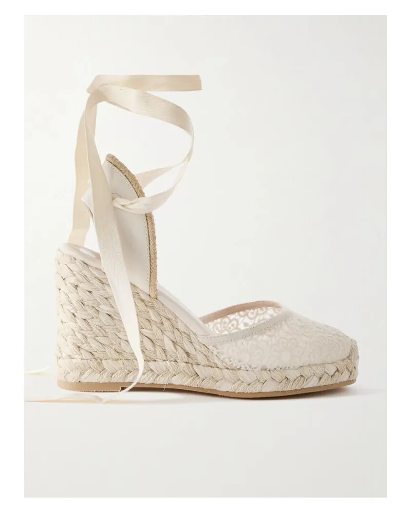 Stuart Weitzman Marguerita Espadrille-wedges Aus Leder Und Häkelmaterial Mit Ripsbandbesatz - Elfenbein Elfenbein