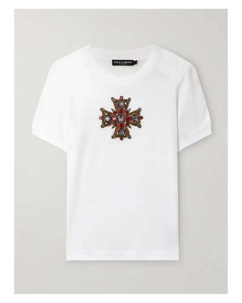 Dolce & Gabbana T-shirt Aus Baumwoll-jersey Mit Verzierungen - Weiß Weiß
