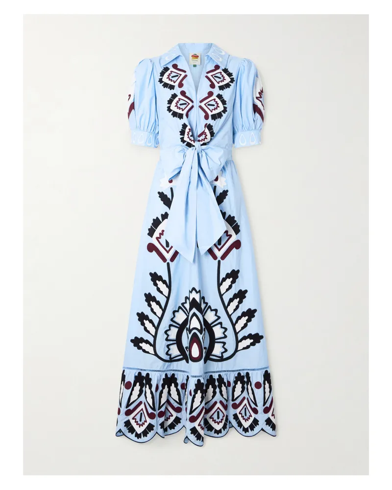 FARM Rio Maxikleid Aus Baumwollpopeline Mit Applikationen Und Wellenkante Zum Binden - Blau Blau