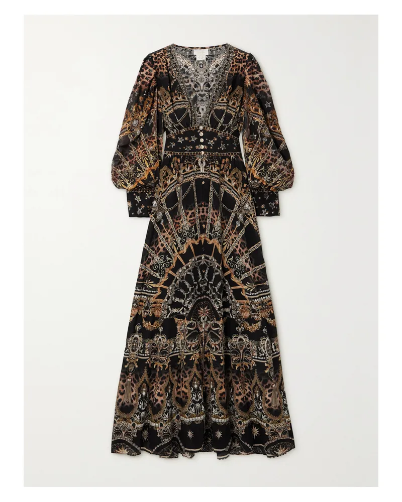 Camilla Maxikleid Aus Bedruckter Seiden-charmeuse Mit Fil Coupé Und Kristallen - Schwarz Schwarz