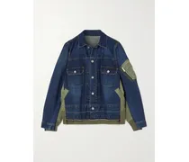 Paneled Distressed Denim And Shell Jacket - Blue