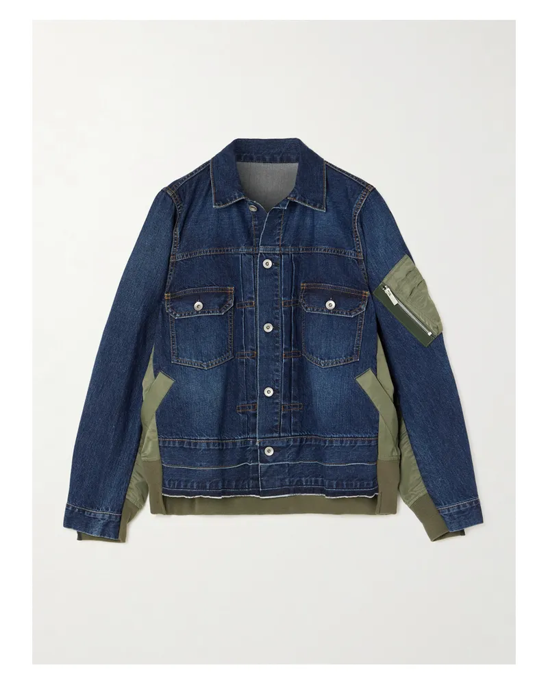 Sacai Paneled Distressed Denim And Shell Jacket - Blue Blue
