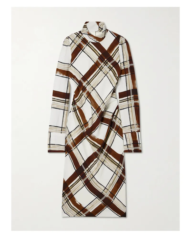 Dries van Noten Midikleid Aus Kariertem Crêpe Mit Stehkragen Zum Binden - Braun Braun