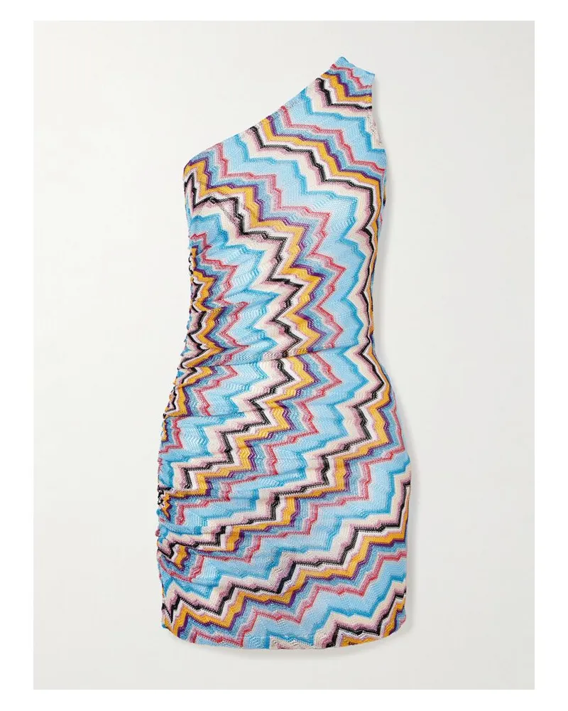 Missoni Asymmetrisches Minikleid Aus Gestreiftem Metallic-häkelstrick Mit Raffungen - Blau Blau