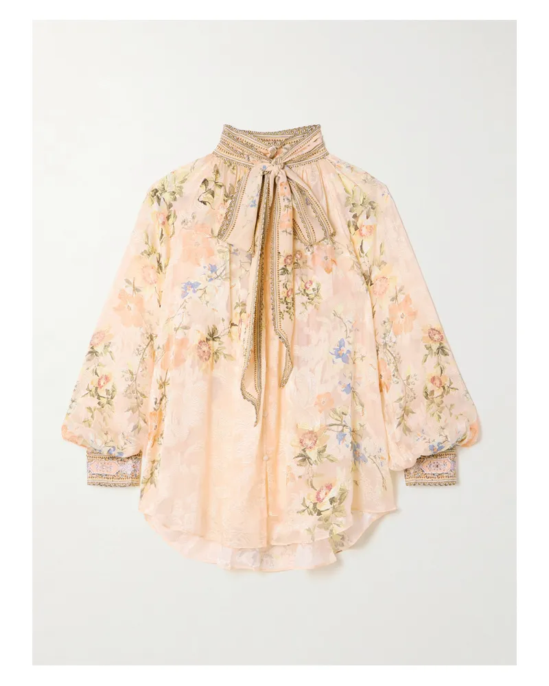 Camilla Schluppenbluse Aus Jacquard Aus Einer Seidenmischung Mit Blumenprint Und Kristallen - Creme Creme