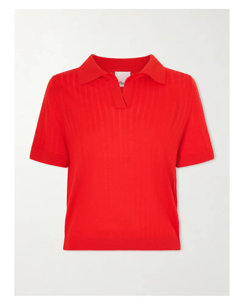 ALLUDE Pointelle-knit Wool Polo Top - Red Red