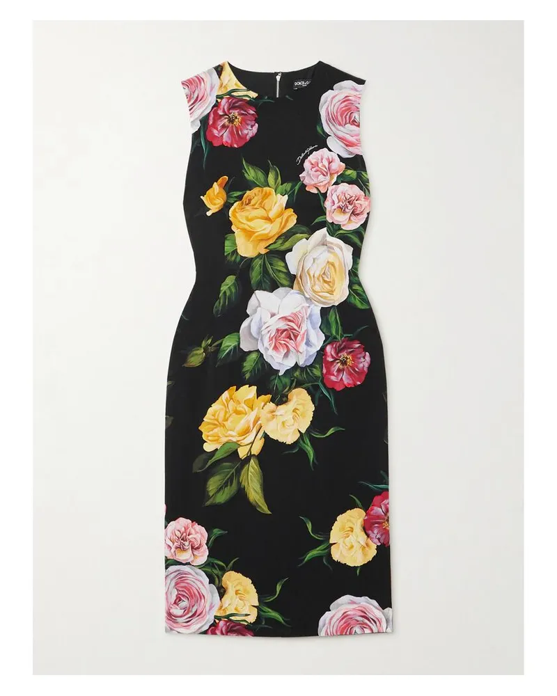 Dolce & Gabbana Midikleid Aus Stretch-seiden-charmeuse Mit Blumenprint - Schwarz Schwarz
