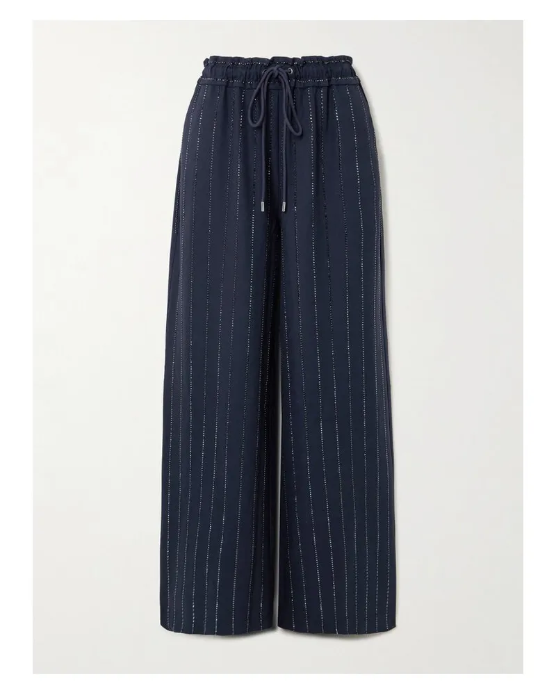 Self-Portrait Hose Mit Weitem Bein Aus Crêpe Mit Nadelstreifen Und Kristallen - Blau Blau