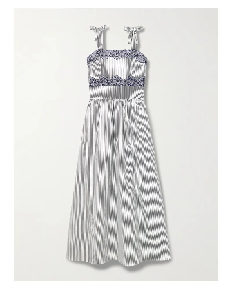 Loretta Caponi Sabine Maxikleid Aus Gestreifter Popeline Aus Einer Baumwollmischung Mit Besätzen Aus Schnurgebundener Spitze Und Raffung - Blau Blau