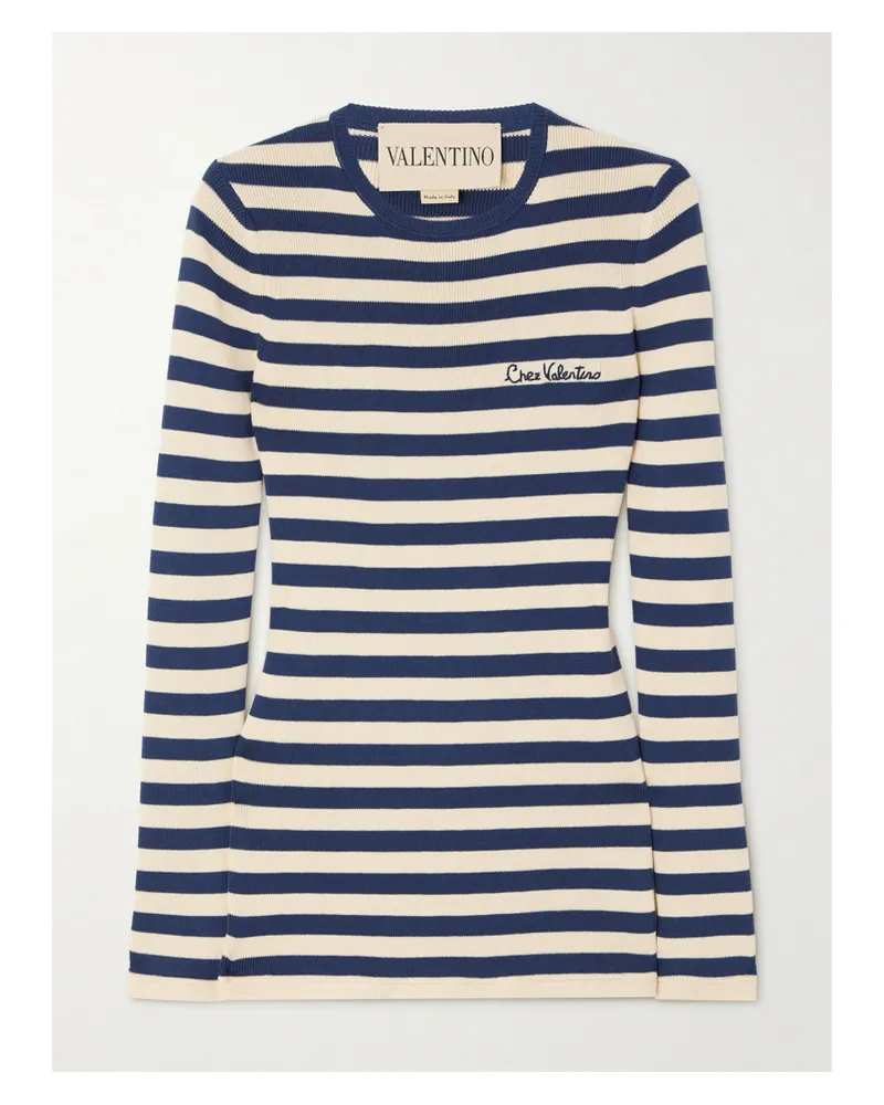 Valentino Garavani Gestreifter Pullover Aus Baumwolle Mit Stickerei - Blau Blau