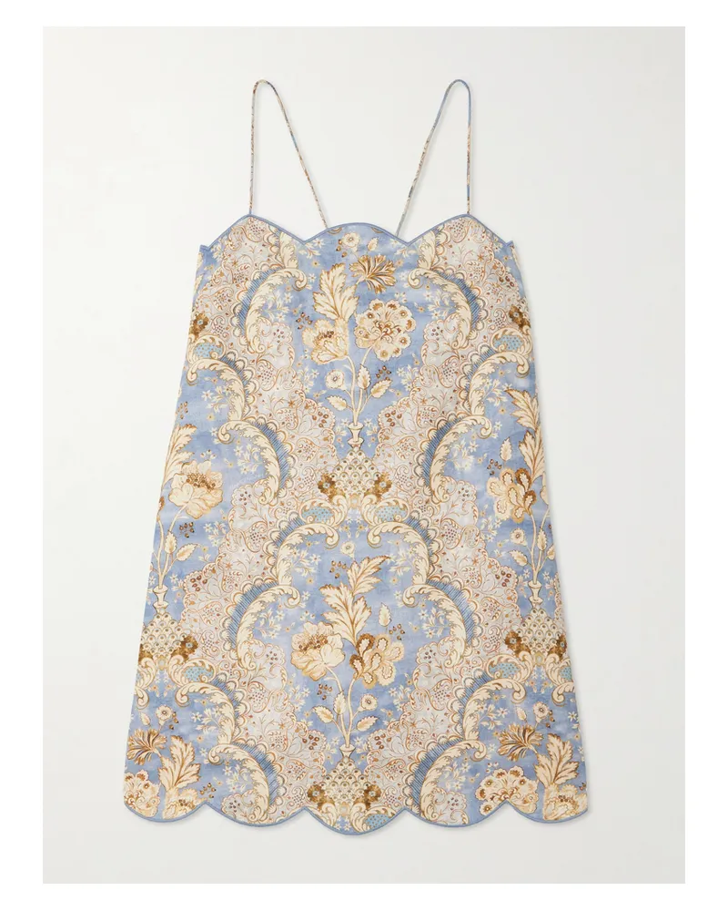 Zimmermann Daylight Scalloped Printed Linen Mini Dress - Blue Blue