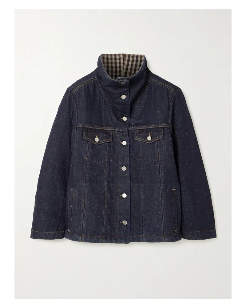 Ganni Neppy Jeansjacke Aus Bio-denim Mit Kariertem Tweed-besatz - Blau Blau