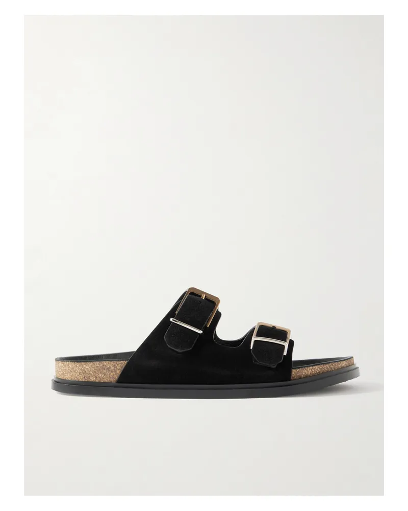 The Row Buckled Suede Slides - Black Black