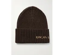 Embroidered Ribbed Merino Wool Beanie - Brown