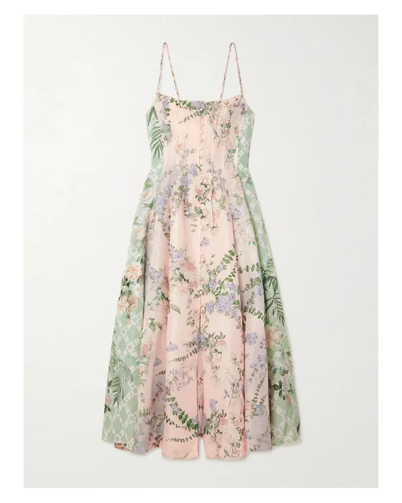 Camilla Midikleid Aus Einer Leinen-seidenmischung Mit Blumenprint Und Verzierungen - Pink Pink