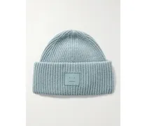 Beanie Aus Einer Woll-yakhaarmischung In Rippstrick Mit Applikation - Blau