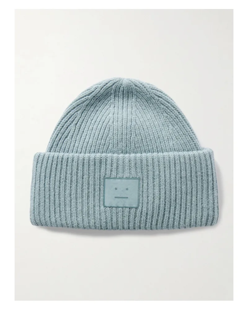 Acne Studios Beanie Aus Einer Woll-yakhaarmischung In Rippstrick Mit Applikation - Blau Blau