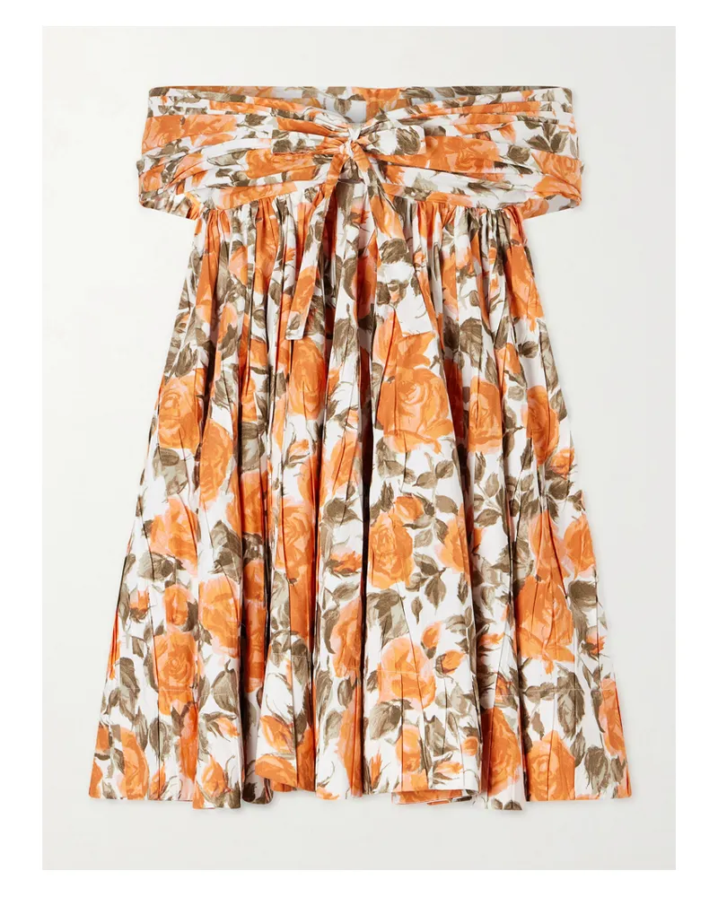 Chloé Off-the-shoulder Gathered Floral-print Cotton-poplin Mini Dress - Orange Orange