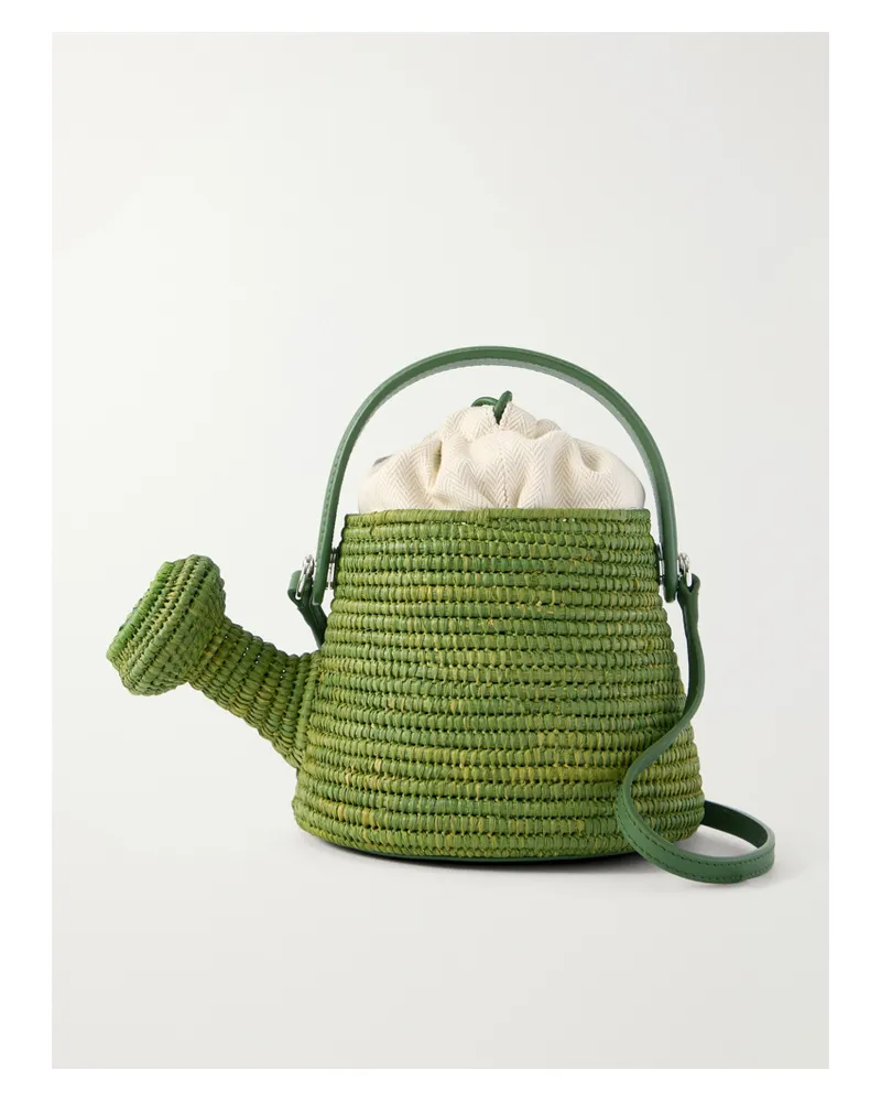 Loewe Paula's Ibiza Watering Can Leather-trimmed Raffia Shoulder Bag - Green Green
