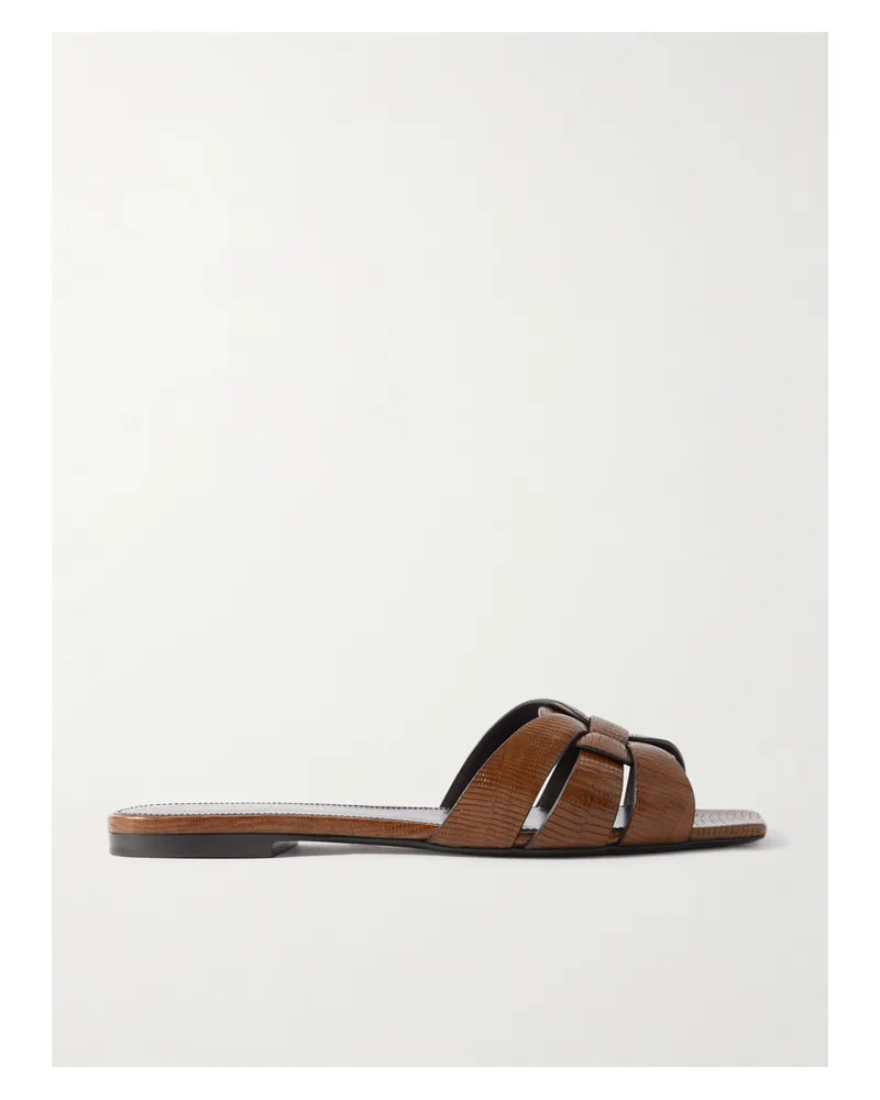 Saint Laurent Tribute Lizard-effect Leather Slides - Brown Brown