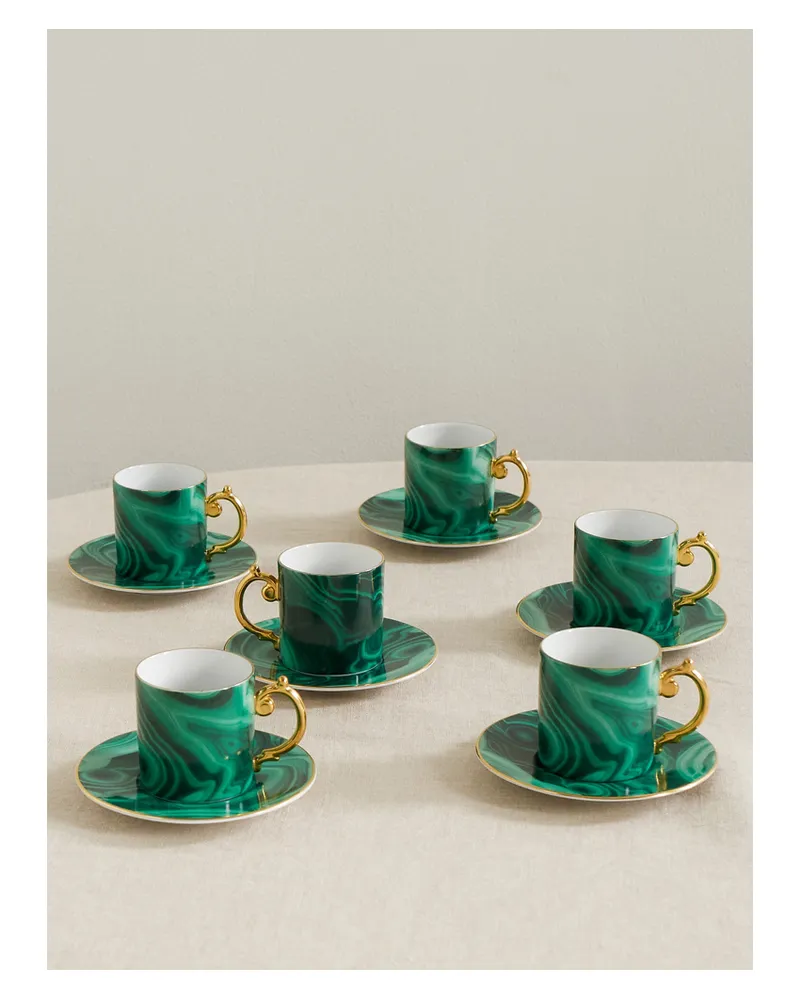 L’OBJET Malachite Set Aus Sechs Espressotassen Und Untertassen Aus Porzellan - Grün Grün