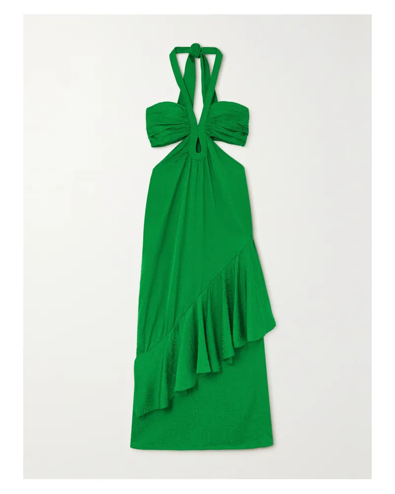 Johanna Ortiz Balladist Neckholder-midikleid Aus Glänzendem Jacquard Mit Cut-outs Und Volant - Grün Grün
