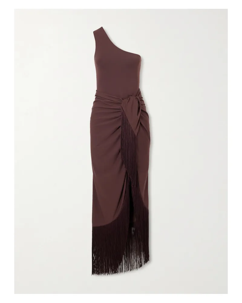 Taller Marmo Rhodes One-shoulder Swimsuit And Fringed Pareo Set - Brown Brown
