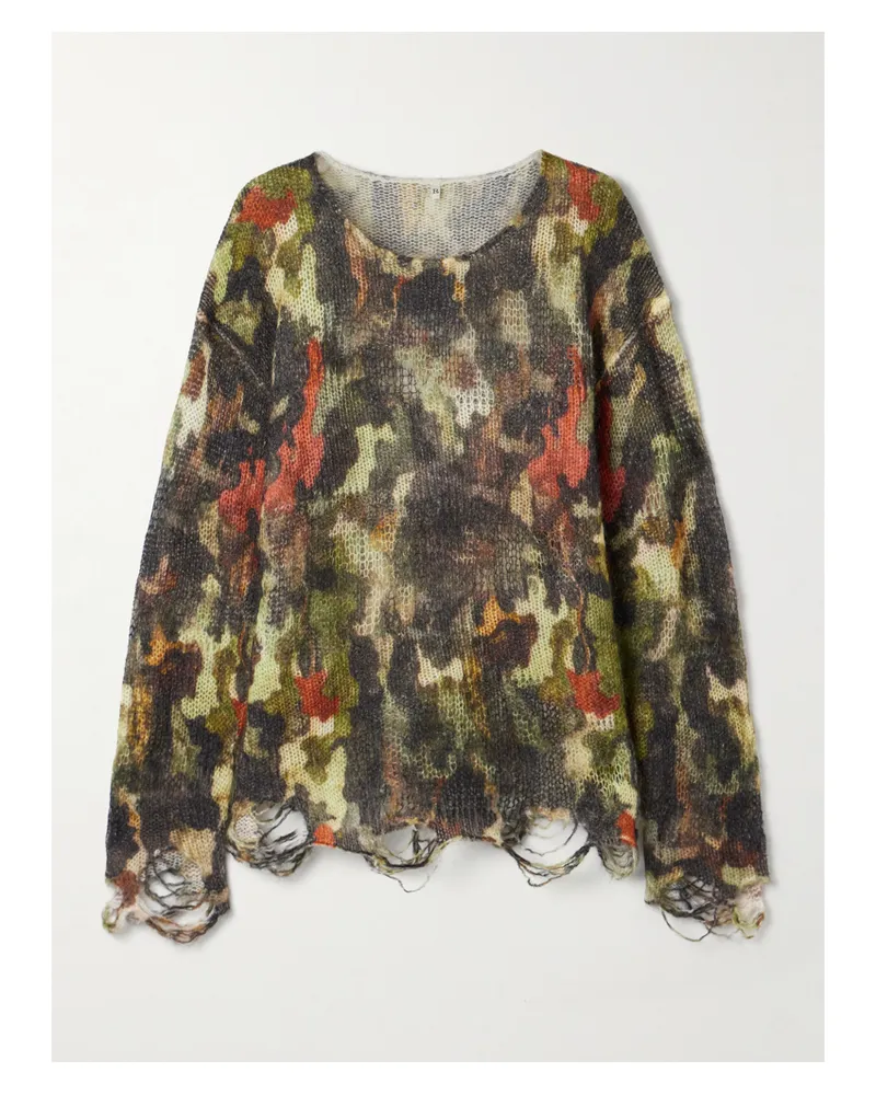 R13 Boyfriend Pullover Aus Lochstrick Mit Camouflage-print Und Distressed-details - Grün Grün