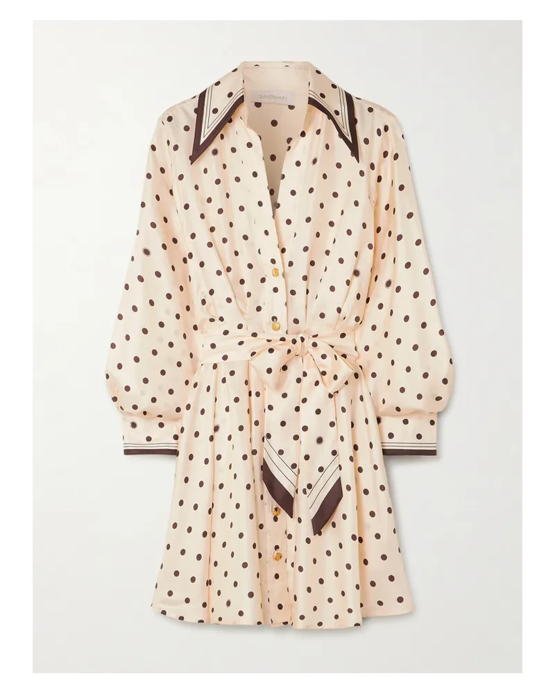 Zimmermann Belted Polka-dot Silk-satin Mini Shirt Dress - Cream Cream