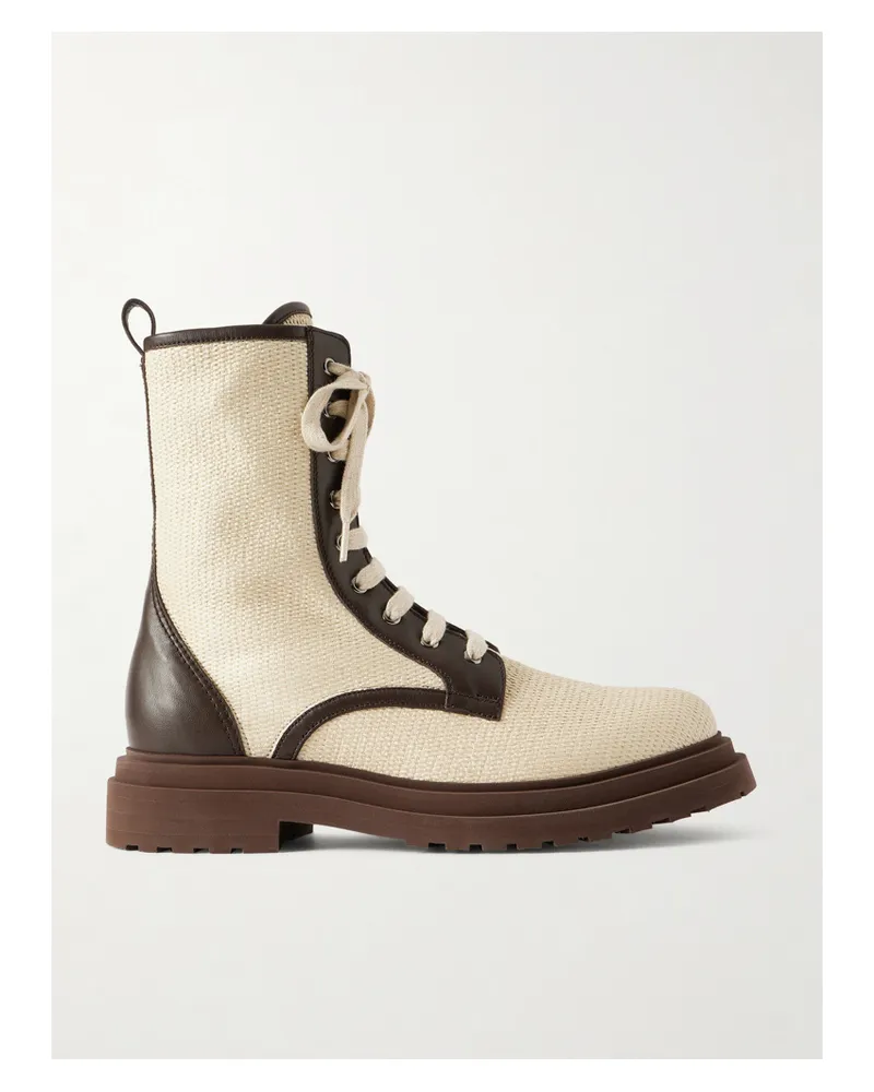 Brunello Cucinelli Lace-up Leather And Canvas Boots - Neutrals Neutrals